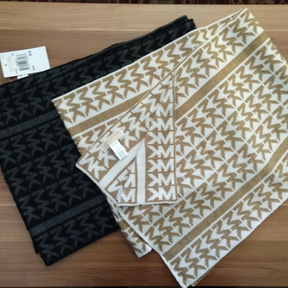 Michael Kors ML logo scarf set, gold/cream and black/gray, NWT